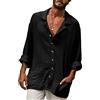 YAOHUOLE Camicia Uomo Casual Lino Cotone Maniche Lunghe Collo Aperto Leggera con Tasche Nero XL