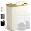 Ribelli Cesto portabiancheria pieghevole da 130 litri, 2 scomparti con coperchio e sacco per la biancheria, grande per lavanderia, bagno, camera da letto, crema