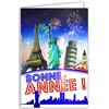 Afie Biglietto Felice Anno Nuovo Auguri Fuoco d'Artificio con Paillettes e Busta Bianca Viaggi intorno al Mondo Monumenti Città Parigi New York Londra Pisa Capodanno Festivo 1 gennaio AFIE 61-4037-A BA