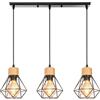 TOKIUS Lampada a Sospensione 3 Luci Industriale Plafoniera E27 Retro in Metallo e Legno Ø160mm Lampada da soffitto design per Cucina Salotto(B - Con Barra)