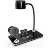QJUZO Lampada da Scrivania LED con Ricarica Wireless 15W, Lampada da Tavolo Ufficio 500 LUX, Cassa Bluetooth e Orologio Sveglia, 3000K-6000K, Braccio Flessibile, USB, per Studio, Lettura, Nero