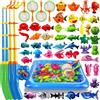 CozyBomB Set di pesca alla linea magnetica XXL 56 pezzi con piscina per bambini, giocattolo d'acqua e piscina per bambini 3 4 5 anni, set per spiaggia, giardino e bagno, inclusi 4 canne da pesca, 4 reti da