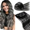 LaaVoo Extension Clip Capelli Veri, Nero Naturale con Silver, 60cm 150g 7pcs, Capelli Veri Umani, Lunga Durata, per Cerimonie Importanti, Colore 1B-S-1B