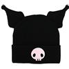 Bioworld Kuromi Cuffed Knit Logo Ricamato con Orecchie di Peluche 3D Beanie Hat Nero