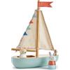 Tender Leaf Toys Segelboot, Holzboot mit Stoffsegel und farbigen Wimpeln