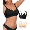 SHARICCA Reggiseno da donna senza ferretto, design a V, con scollo a V, con coppe morbide, ad alta elasticità, comodo, senza cuciture con ulteriore estensione del reggiseno, Nero Beige-2P01, M