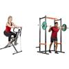 Sunny Health & Fitness Sunny Health and Fitness Row-N-Ride™ PRO Squat Assist Trainer, Rowing Machine w/Digital Monitor + Power Zone Strength Rack Power Cage - 455 KG Weight Capacity, Spotter Bar, Angled Pull-Up Ba