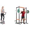 Sunny Health & Fitness Twister Stepper Machine, Height Adjustable Stepper w/Handlebars & LCD Monitor + Power Zone Strength Rack Power Cage - 455 KG Weight Capacity, Spotter Bar, Angled Pull-Up Ba