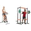 Sunny Health & Fitness Sunny Health and Fitness Squat Assist Upright Row-N-Ride Rowing Machine, Horse Riding Machine + Power Zone Strength Rack Power Cage - 455 KG Weight Capacity, Spotter Bar, Angled Pull-Up Ba