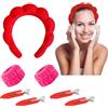 Yeria 1 Fascia Capelli Donna in Spugna per il Trucco, 2 Polsini in Pile per Polso, 4 Fermagli per Capelli - Accessori per la Cura della Pelle, Lavaggio e Doccia (rosso)