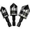 Fixinus Set di 3 punte a svasatura per legno, set di 5 svasatori conici per flauto, set con svasatore in metallo, codolo esagonale a 90°, 5 scanalature, diametro 12,16,19 mm