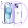 Jrkvniv Cover per iPhone 15 con Cordino,360 Gradi Trasparente Custodiacon con Protezione Schermo Integrata,Bumper Rugged Custodia con Regolabile Tracolla Corda Collana per 6.1-Viola
