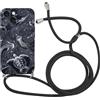 Foonary Pizzo Cover con Cordino per iPhone 15 6.1, Custodia con Aesthetic Lace Fiore Estivi Motivo Laccio Collana Tracolla, Silicone Necklace Regolabile Corda Phone Case, Nero