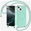 xinyunew Magnetica Cover con Cordino per iPhone 14,[Compatibile con MagSafe], Cover in Silicone, Regolabile Cordino da Collo Nylon Catena Collana Tracolla,verde chiaro
