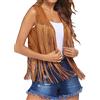 Qianderer Gilet da donna senza maniche con frange in ecopelle, stile 70s hippie, costume boho, giacca western, cachi, XL