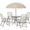 Outsunny 6 pz Set Mobili da Giardino in Tubi d'Acciaio, Tavolo da Giardino con Sedie e Ombrellone, Crema