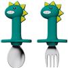 WitBicg 2PCS Posate Svezzamento, WitBicg Forchetta Bambini, Posate Bambini Acciaio Carota Cucchiaino Svezzamento Pappa Neonato Svezzamento, Aumentare l'Appetito,Utilizzare dopo 1 anno(Dinosauro Verde Corto)