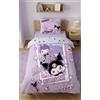 Halantex Copripiumino Kuromi 140 x 200 cm con federa 70 x 90 cm - Parure da letto per bambini e adolescenti - 100% microfibra ultra morbida - Design reversibile lilla e rosa