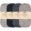 BambooMN JubileeYarn, Filato di cotone e bambù sportivo, 4 matasse, 50 g/matassa, sfumature di tonalità di grigio