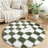 Lifup Tappeto Shaggy a Scacchi, Tappeto Rotondo Peloso Soggiorno, Antiscivolo Lavabile Morbido e Spesso per Camera da Letto, Cameretta Verde e bianco 2 120 x 120 cm