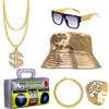SIEBOLD 6 pezzi Accessori Rapper Costume,Kit di Costumi Hip Hop Costumi,Rapper Hip Hop Cappello,Segno del Dollaro Bracciale Anello in Oro,Occhiali,Gonfiabile Boom Box,Per Feste Per Cosplay Di Carnevale