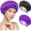 Kiiwah 2pcs Cappello da Notte Raso, Cuffia Seta Capelli Ricci Cuffia da Bagno Cuffia Doccia Donna Doppio Strato Cuffia Capelli Notte per la Doccia, il Sonno, il Trucco(Nero, Porpora)
