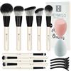 HEYMKGO Kit di Pennelli per Trucco Professionale 16 Pezzi, Sintetico per Fondotinta, Cipria, Contorno, Corrector, Ombrello e Fusione, con 2 Spugne per Blendare e Fermagli per Capelli Neri