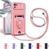 Aithne Cover Compatibile con Xiaomi Mi 11 Lite 5G/Mi 11 Lite 4G/Mi 11 Lite 5G NE, Slidable Protezione Fotocamera, 360°Anello Support Slot Schede Cordino Collana Necklace Silicone Case - Pink