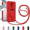Aithne Cover Compatibile con Xiaomi Redmi Note 9, 360°Anello Support Slot Schede Cordino Collana Necklace Silicone Case - Rosso