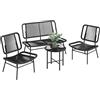 Outsunny Set Salotto da Giardino 4 Pezzi in Rattan, Set di Mobili da Giardino con Divano a 2 Posti, 2 Sedie, Tavolino da Caffè Piano Metallo, Struttura in Acciaio, Salottino da Esterno Balcone, Nero