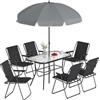 Outsunny Set Tavolo e Sedie da Giardino 8 Pezzi con Ombrellone, Set da Pranzo Esterno con 6 Sedie Pieghevoli in Texteline, Tavolo in Vetro Temperato, Struttura in Acciaio per Terrazza Balcone, Nero