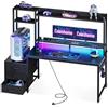 Coleshome Scrivania Gaming con Libreria e Cassetti, Tavolo Gaming con Illuminazione LED & Presa di Corrente, Scrivania Computer con Ripiani di Archiviazione (Nero Fibra di Carbonio, 137×48 cm)
