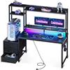 Coleshome Scrivania Gaming con Libreria e Cassetti, 120×48cm Tavolo Gaming con Illuminazione LED & Presa di Corrente, Scrivania Computer con Ripiani di Archiviazione, Nero Fibra di Carbonio