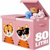 BAKAJI Box Contenitore per Giocattoli Bambini con Animali, Scatola Pieghevole Salvaspazio Capacità 80 Litri Multiuso, Organizer Richiudibile con Maniglie e Chiusura a Strappo, 62.5x31.5x40cm (Rosa)