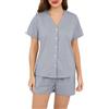 Wikoan Set Pigiama da Donna Pigiama Estivo con Scollo a V e Bottoni Top Cardigan e Pantaloncini,Grigio,XXL