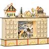 HOMCOM Calendario dell'Avvento in Legno con 24 Cassetti da Riempire, Decorazione con Villaggio di Natale e Luci, 44x10x37cm