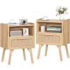 LELELINKY Set di 2 comodini in rattan bohémien, tavolino in legno con cassetto e ripiano aperto, comodino con gambe in legno massello per soggiorno, divano, camera da letto, comodino