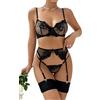 Bslingerie Set Lingerie Seducente in Pizzo Floreale - 4 Pezzi Set, Nero , L