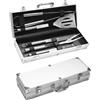 Lrocotanc Set barbecue professionale in acciaio inox 5 pezzi - Utensili Barbecue Accessori barbecue regalo per uomini 37x12x7 cm valigetta in alluminio ideale per grigliate e cucina