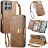 JIUNINE Cover per Motorola Moto G86 5G / Moto G86 Power 5G, Custodia Libro PU Pelle Antiurto Portafoglio Donna, Slot per Carte, Chiusura Magnetica, Motivo Floreale con Foglie in Rilievo, Marrone
