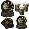 Nkaiso 50Pcs Nero Oro Piatti Carta Compleanno-10 Ospiti | 10 x 23cm & 10 x 18cm Piatti Carta Usa e Getta, 10 Bicchieri, 20 Tovaglioli - per Compleanno Feste Decorazioni