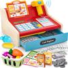 maysida Cassa Giocattolo in Legno con Scanner e Suoni per Bambini 3-5 Anni, Set Negozio con Monete, Carte, Carrello e Cibo Natale o Compleanno (Blu)