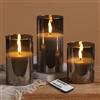 Eywamage Candele tremolanti senza fiamma in vetro grigio argento con telecomando, confezione da 3 candele finte realistiche a LED ∅ 7,6 cm H 10,2 cm 12,7 cm 15,2 cm
