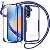 Jrkvniv Cover per Samsung Galaxy A34 5G con Cordino,360 Gradi Trasparente Custodiacon con Protezione Schermo Integrata,Bumper Rugged Custodia con Regolabile Tracolla Corda Collana per 6.5-Blu