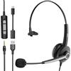 Wantek Cuffie Mono con microfono per cancellazione del rumore, USB/Tipo C/3,5 mm jack 3 in 1 Cuffie con Filo PC, controllo del volume per Call Center, Skype, Zoom, Home Office, corsi online