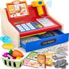 maysida Cassa Giocattolo in Legno con Scanner e Suoni per Bambini 3-5 Anni, Set Negozio con Monete, Carte, Carrello e Cibo Natale o Compleanno (Rosso)