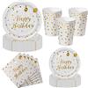 Nkaiso 50Pcs Bianco Oro Piatti Carta Compleanno-10 Ospiti | 10 x 23cm & 10 x 18cm Piatti Carta Usa e Getta, 10 Bicchieri, 20 Tovaglioli - per Compleanno Feste Decorazioni