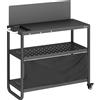 Outsunny Carrello barbecue esterno, tavolo a tre livelli con piano in acciaio, supporto per forno a pizza con ganci, portaspezie, nero | Aosom Italy
