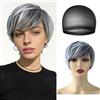 HTTDSLF Parrucca Corta Taglio Pixie, Parrucche Donna Corte con Frangia, Parrucca in Capelli Sintetici Grigio per Uso Quotidiano e Feste, con Cuffia per Parrucca