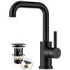 FORIOUS Rubinetto Bagno Lavabo Alto con Piletta, Miscelatore Lavabo Bagno 360° Girevole in Acciaio Inox con Acqua Calda e Fredda, Adatto per Lavandino Bagno, Installazione Facile, Nero